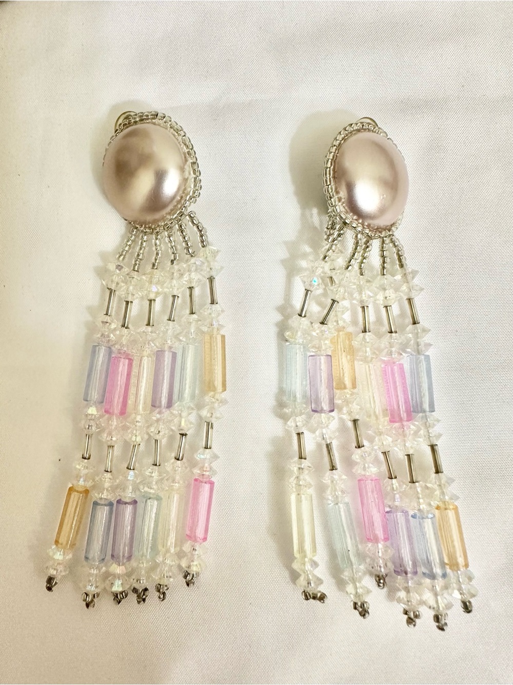 4.25” Pearl Top Pastel Beaded Fringe Earrings - Clips